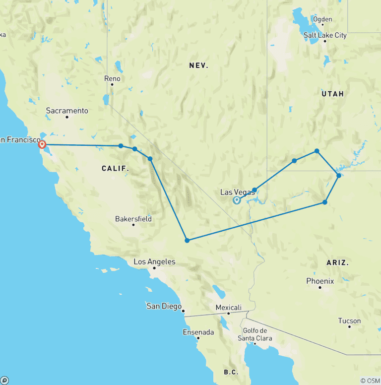 Map of American Classics | USA Southwest Hiking & Camping Tour- 12 Days