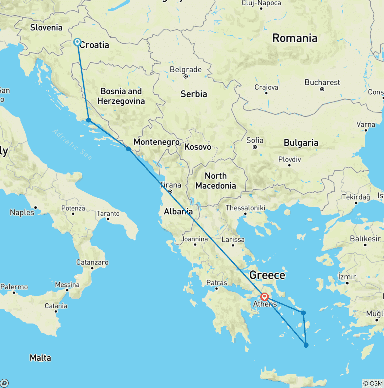 Map of Adriatic to Aegean | Explore Zagreb, Split, Dubrovnik, Athens, Mykonos & Santorini