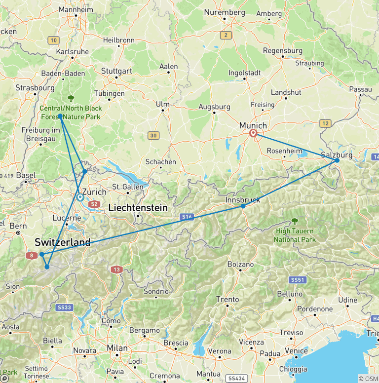 Map of 13 Day Zurich ,Interlaken, Innsbruck, Salzburg and Munich And Much More.