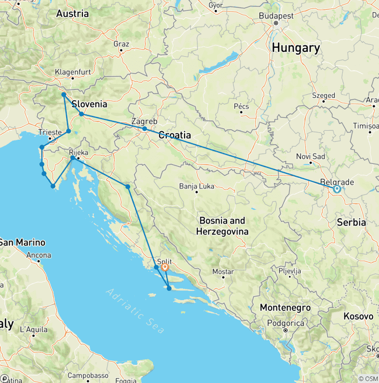 Map of Belgrade to Split Superior - 11 days