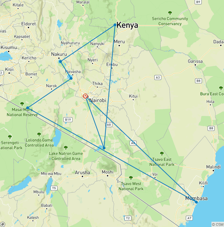 Map of 20 days Kenya flying luxury Safari with Mombasa Beach Tour 2026