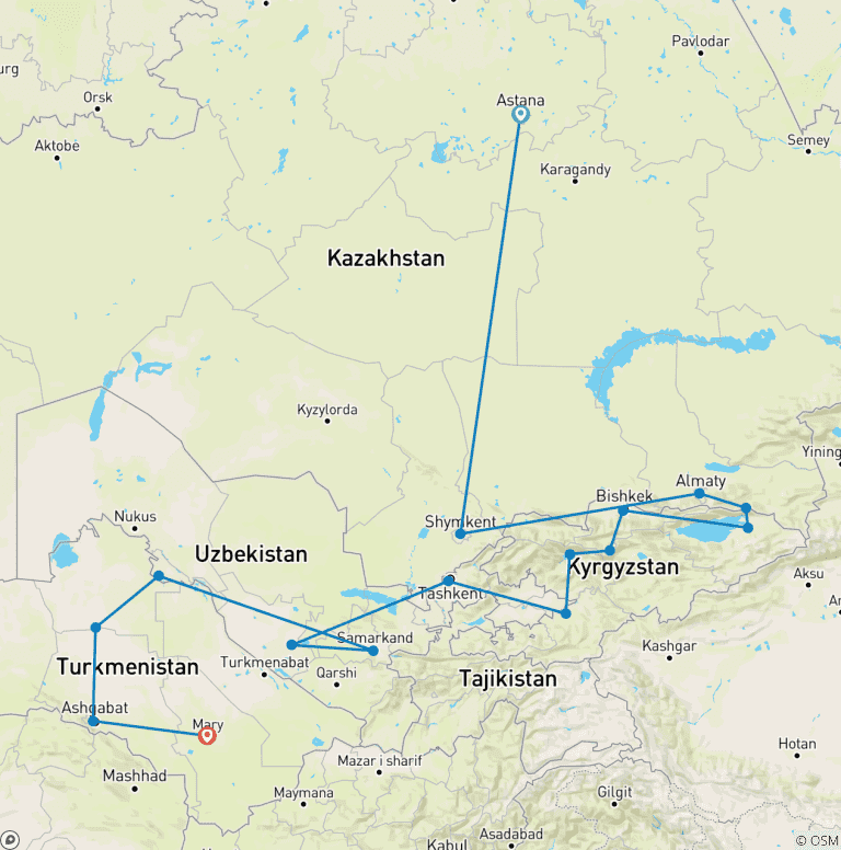 Map of Central Asia Adventure: Astana to Ashgabat