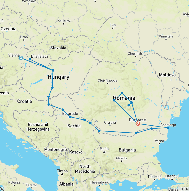 Map of Lower Danube Discovery with Vienna & Transylvania 2026 - 22 Days (from Vienna to Bucharest)