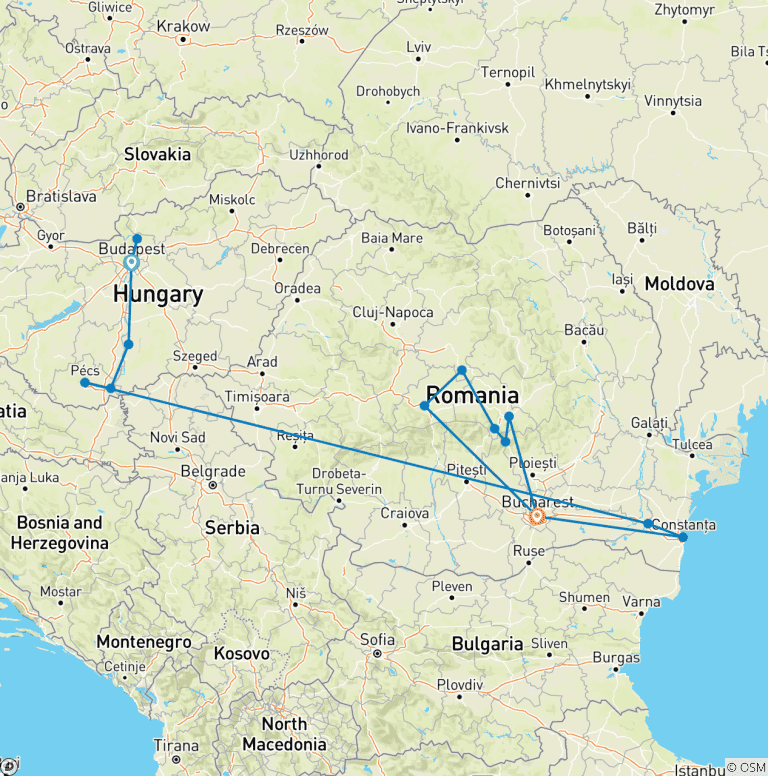 Map of Lower Danube Discovery with Transylvania 2026|2027 - 20 Days