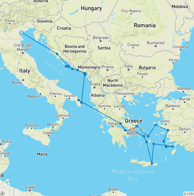 Map of Adriatic and Aegean Delights Venice → Athens (2026)