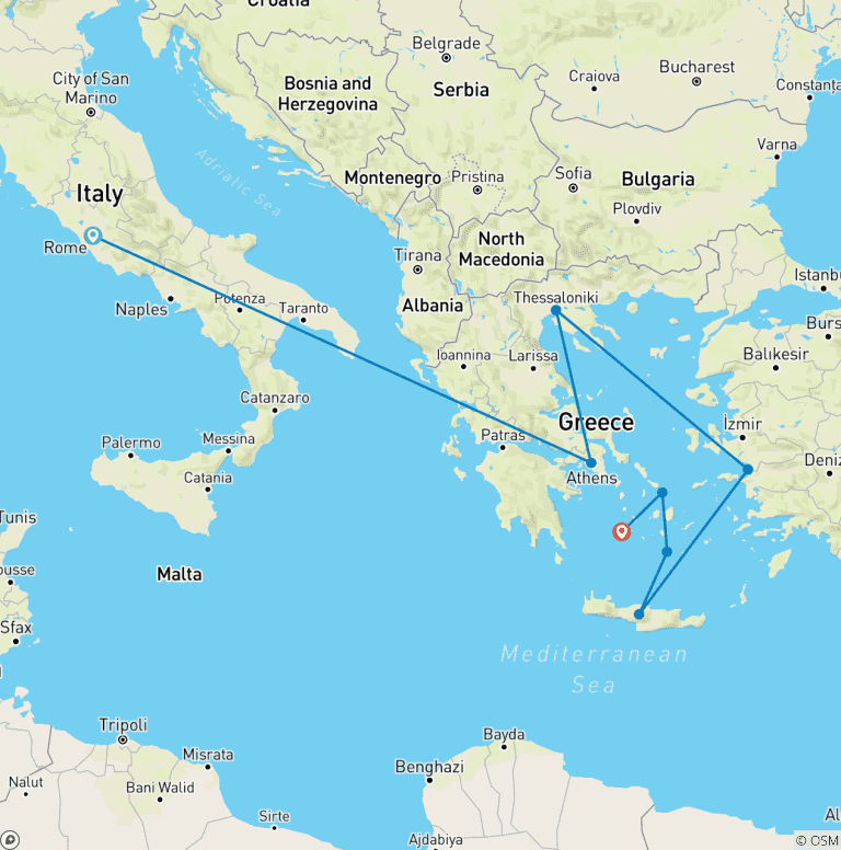 Map of 12 Day Rome and Cruise to the Greek Islands and the Turkish coast