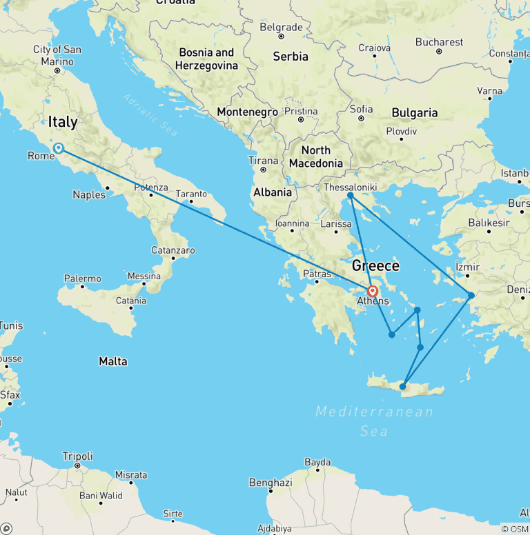 Map of 12 Day Rome and Cruise to the Greek Islands and the Turkish coast