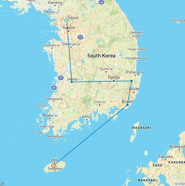 Map of Seoul to Busan & Jeju - 13 days