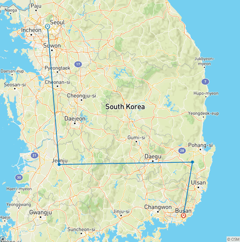 Map of Seoul to Busan Adventure - 10 days