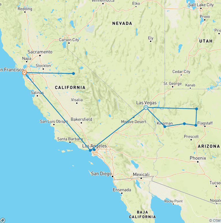 Map of 8-Day USA West Coast Adventure: Las Vegas, Route 66, Grand Canyon, LA, Yosemite & San Francisco