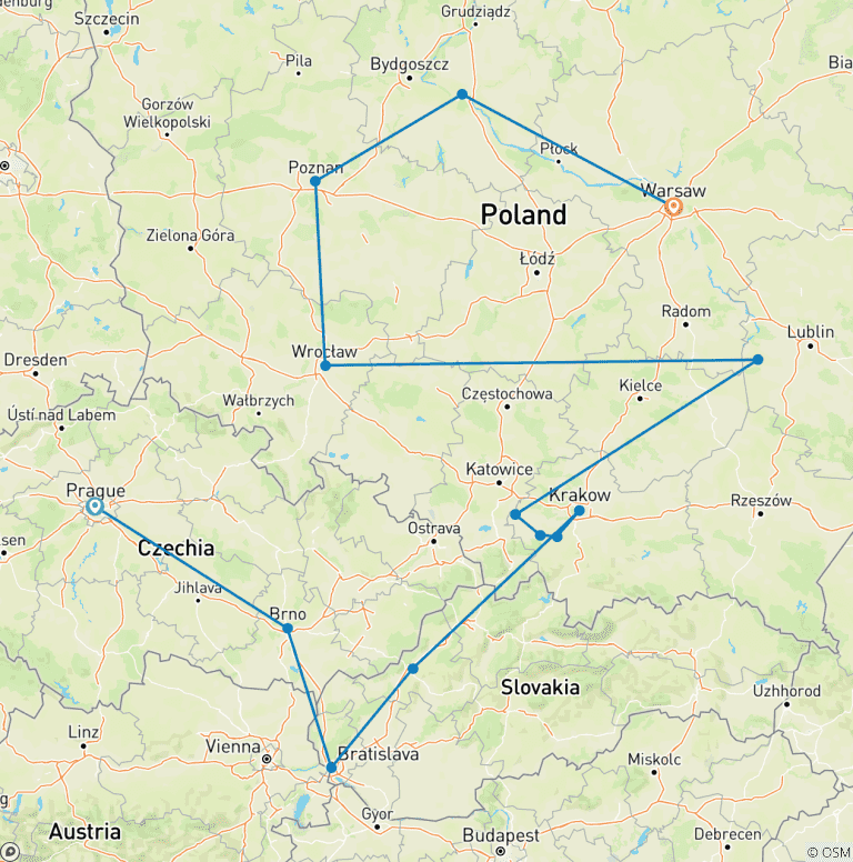 Map of Czech Republic and Poland Highlights, Ending in Warsaw