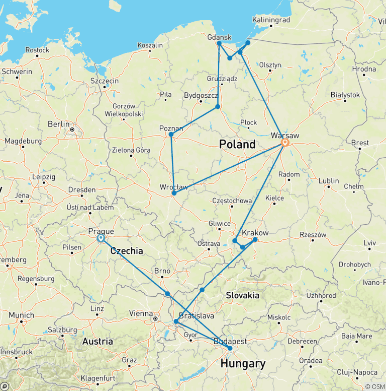 Map of Czech Republic, Budapest, and Tour of Northern Poland
