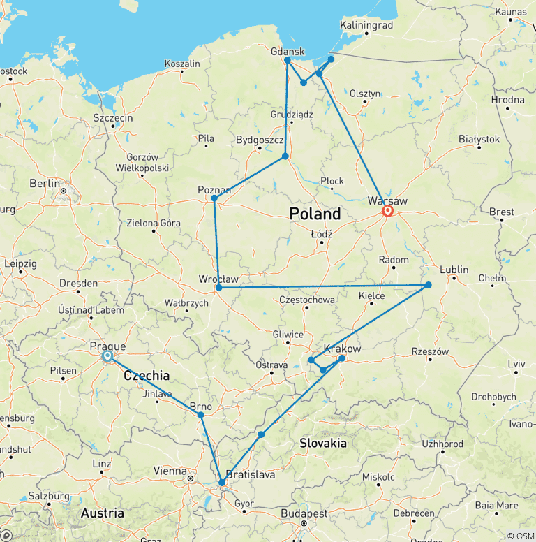 Map of Full Czech Republic and Poland Highlights Circuit