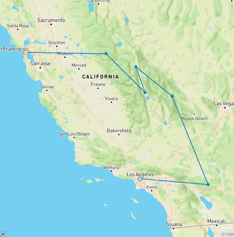 Map of California National Park Circle: Sand to Snow, Joshua Tree, Death Valley and Yosemite