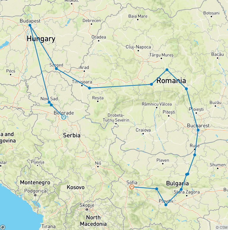 Map of Castles & Capitals: Serbia, Hungary, Romania and Bulgaria in two weeks - SMALL GROUP