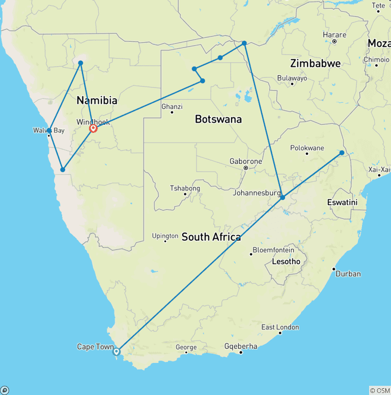 Map of Southern Africa Safari Reunion 35 to 45 (Only Available To Contiki Past Travellers, Reunion)