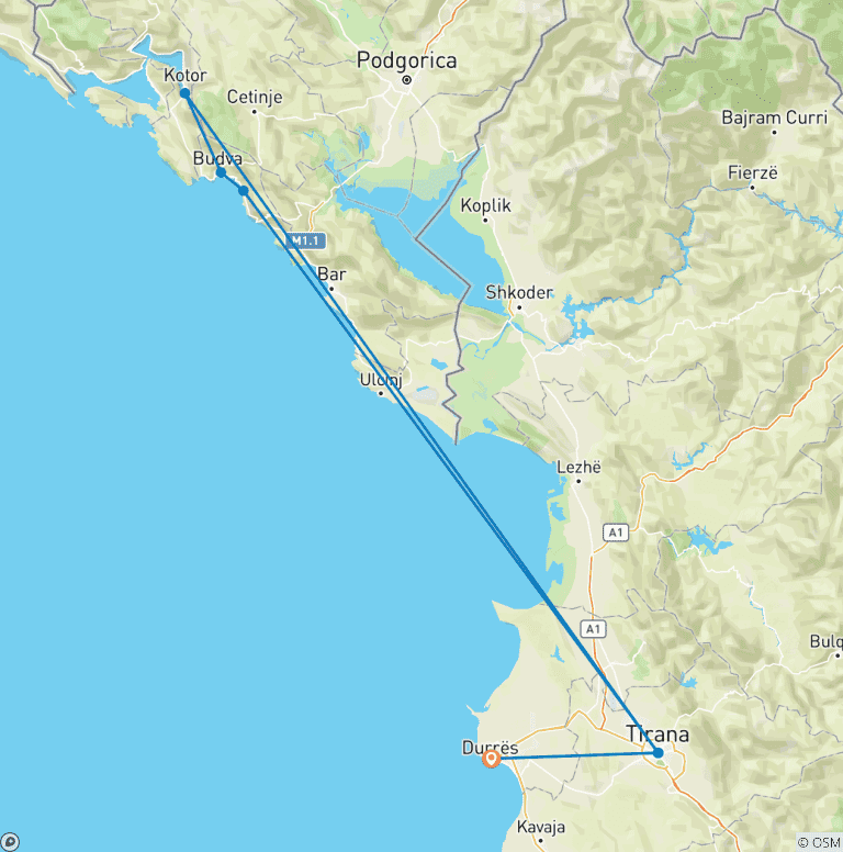 Map of From Tirana/Durres/Golem -> Montenegro: Budva & Kotor day tour