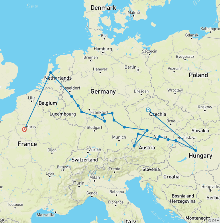 Map of Prague to Paris & Christmas Markets of Europe 2026 - 21 Days (from Prague to Paris)