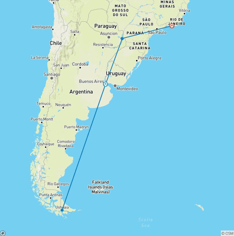Map of Highlights of Antarctica, Argentina and Brazil - Cruise & Land Journey 2025 - 22 Days
