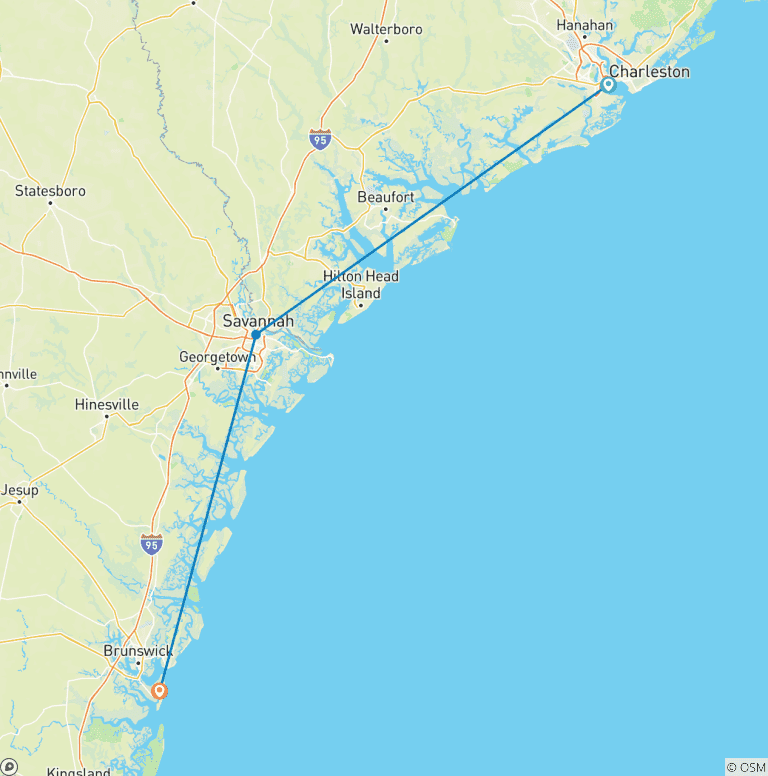 Map of Southern Charm featuring Charleston, Savannah, and Jekyll Island (Charleston, SC to Jekyll Island, GA) (2026)