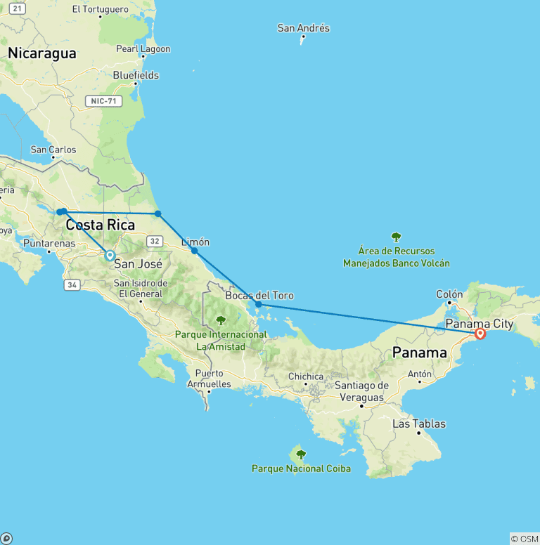 Map of Costa Rica-Panama Round Trip Along the Caribbean - 13 Days