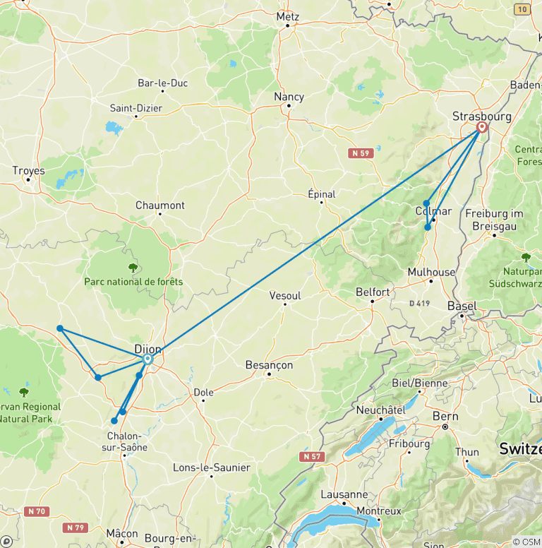 Map of Burgundy & Alsace: Vineyards, Villages & Heritage