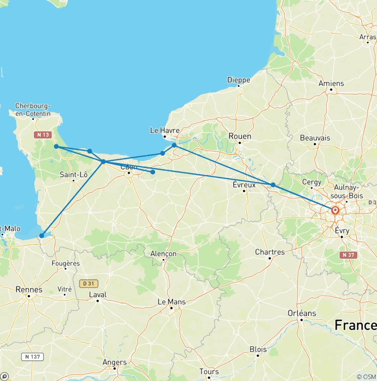Map of Paris to the Historic D-Day Beaches
