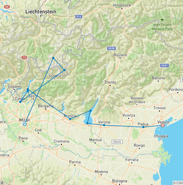 Map of Lakes, Lagoon & Mountains:  Lakes Como, Garda, Bernina train & Venice. Small Group Tour