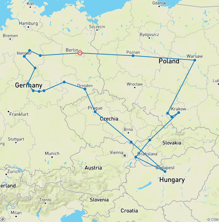 Map of Berlin, Prague, Budapest, and the Best of Poland