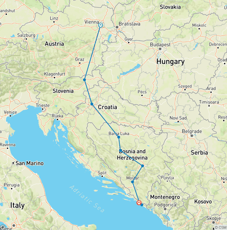 Map of East of Europe (10 destinations)