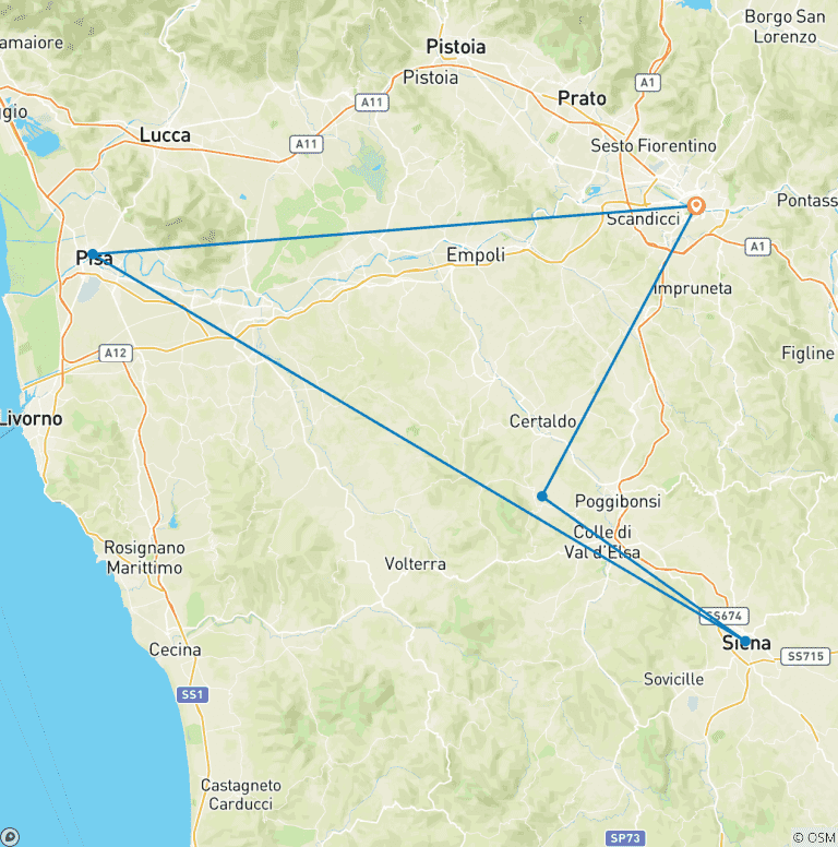 Map of 3-Day Tuscany Highlights Tour: Explore Pisa, San Gimignano, Siena, and Florence