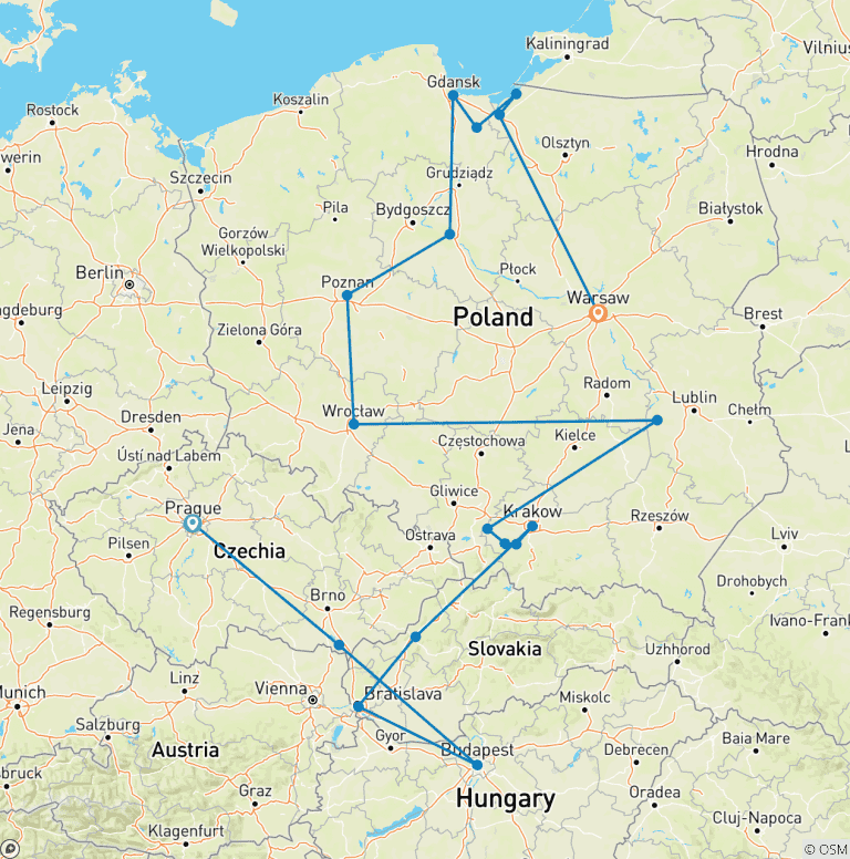 Map of Czech Republic, Budapest, and Wonders of Poland (18 destinations)