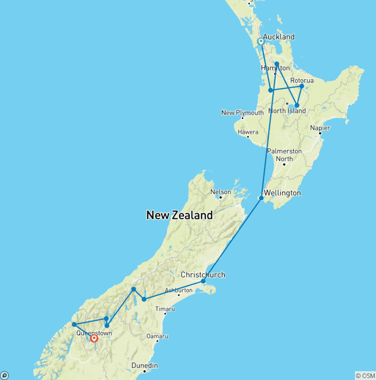 Map of Auckland to Queenstown Youth Adventure - 17 days