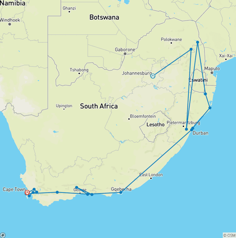 Map of South Africa Grand Tour - 14 days