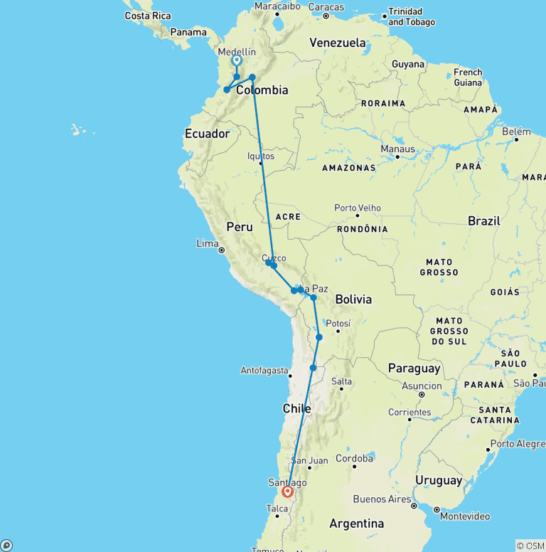 Map of 21-day Colombia, Peru, Bolivia, & Chile Tour with Inca Trail & Bolivia Salt Flats Tour