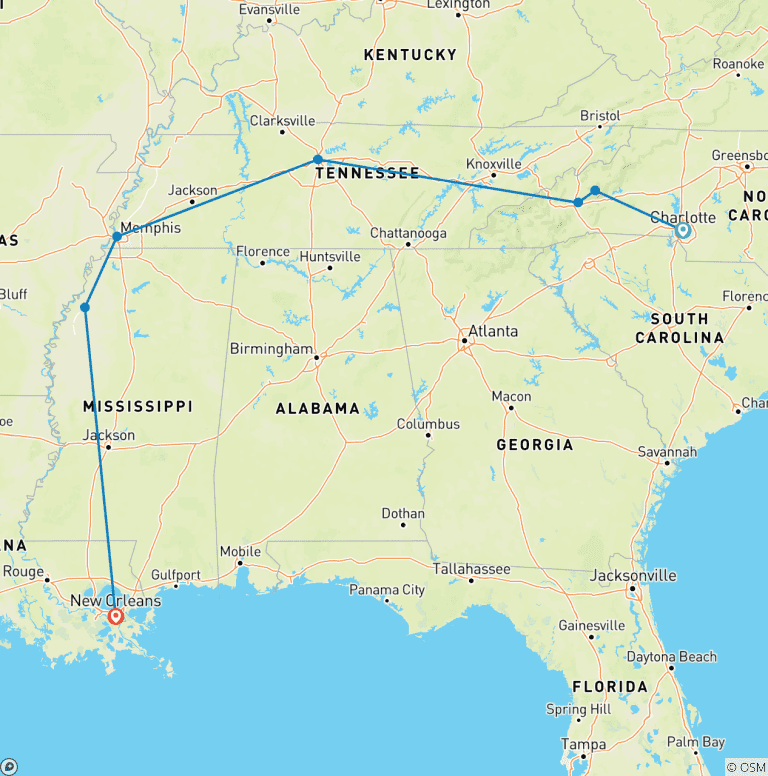 Map of USA's Deep South - Country & Blues