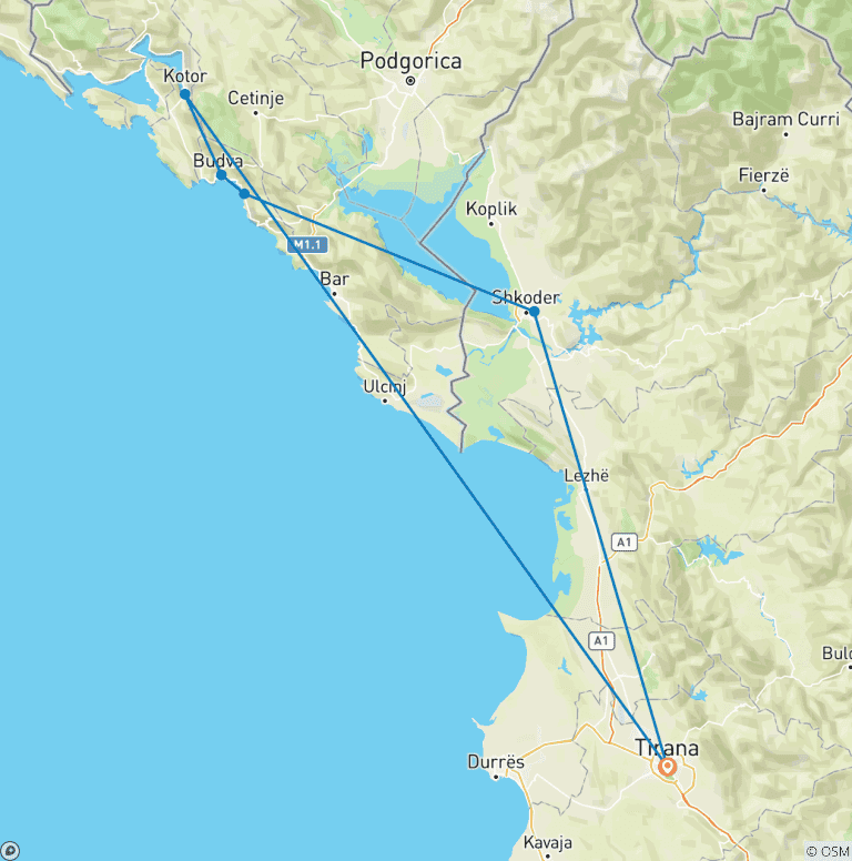 Map of From Tirana, Day Tour: Budva & Kotor