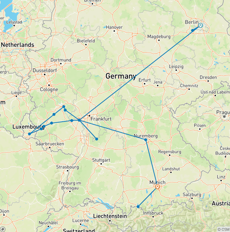 Map of Highlights of Germany & Legendary Rhine & Moselle 2027 - 14 Days (from Berlin to Munich)