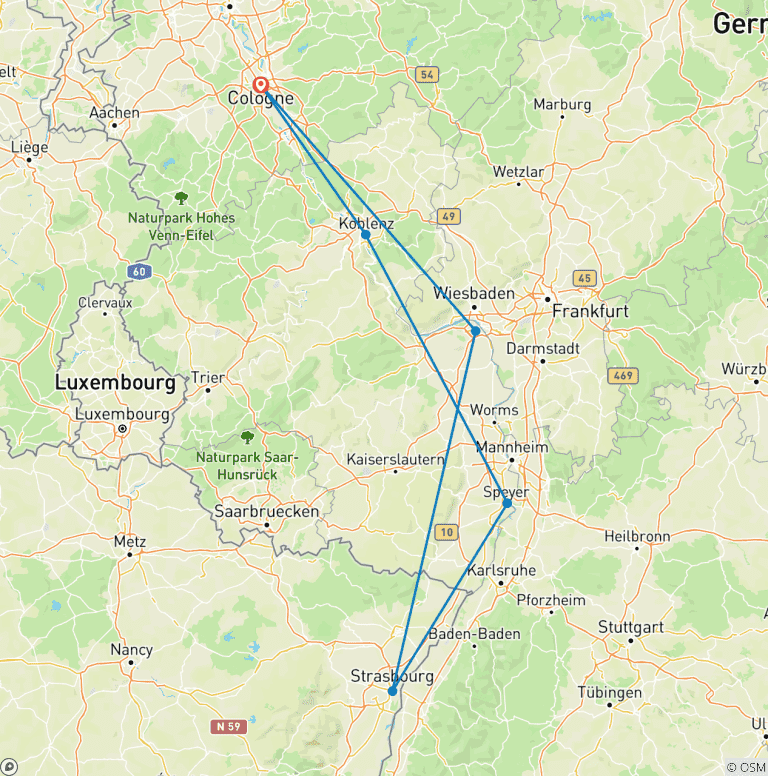 Map of Christmas Cruise on the Rhine - AMADEUS Riva (Cologne - Cologne)