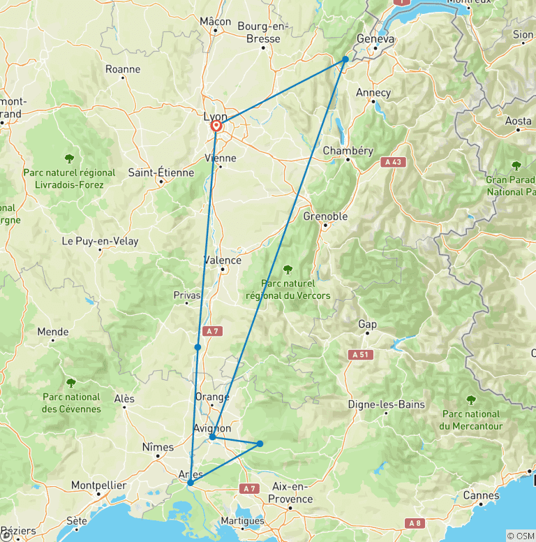 Map of All the must-see sites on the Rhône between Lyon, Provence, and the Camargue with a dinner at Paul Bocuse's Abbaye de Collonges Restaurant OFFERED (port-to-port cruise) - RHONE PRINCESS
