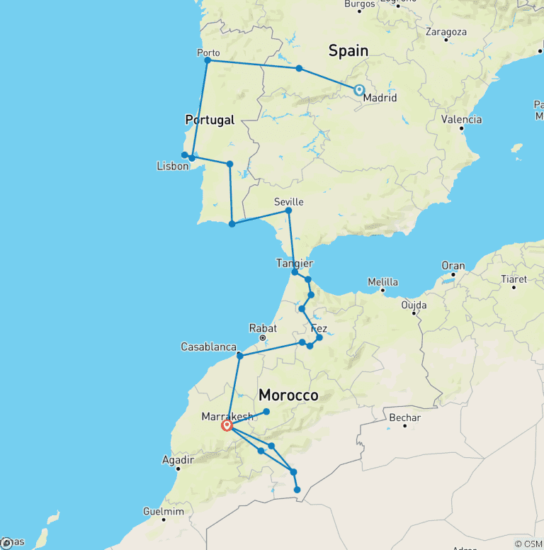 Map of Spain, Portugal & Morocco: North to South with Marrakech