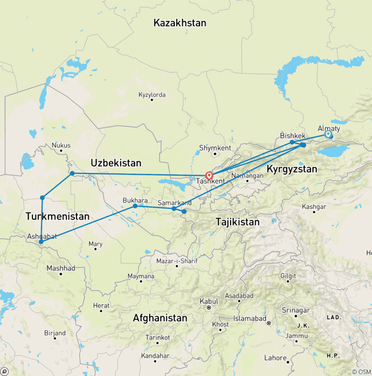 Map of 5 Stans Adventure – Turkmenistan Uzbekistan Tajikistan Kyrgyzstan Kazakhstan