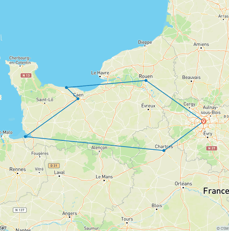 Map of Brittany and Normandy with Paris