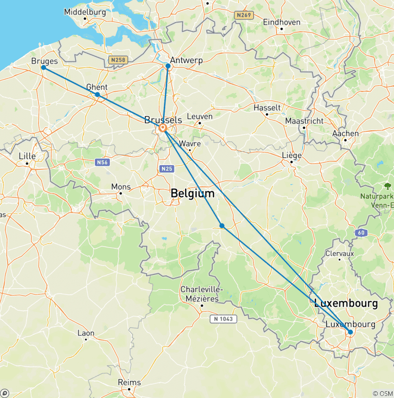 Map of 7 Day Brussels including Antwerp, Battle of the Bulge, Flanders Fields, Ghent, Bruges, Luxemburg & Dinant
