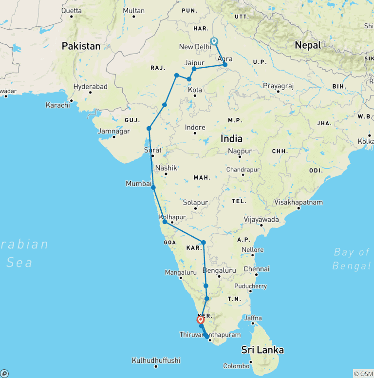 Map of India North to South: Goa & The Golden Triangle