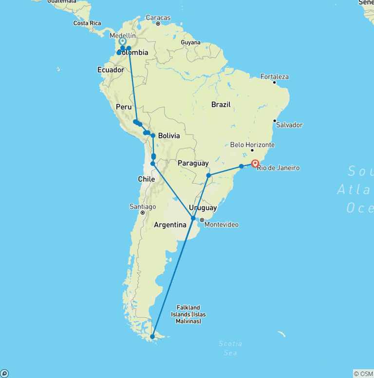 Map of 33-day South America Tour: Colombia, Peru, Bolivia, Chile, Argentina & Brazil with Inca Trail & Patagonia