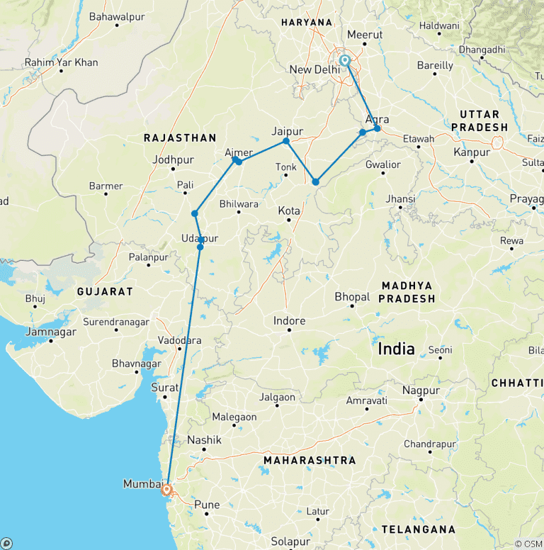 Map of Luxury India With Taj Mahal and Ranthambore Wildlife Tour