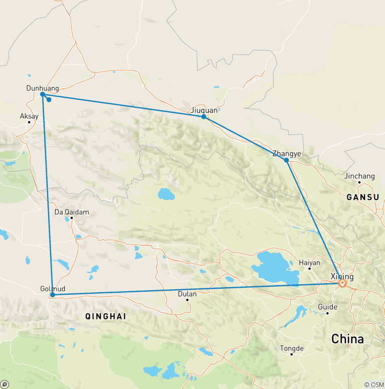 Map of Silk Road 10D Private Tour: Xining, Chaka, Golmud, Dunhuang, Jiayuguan, Zhangye, Xining