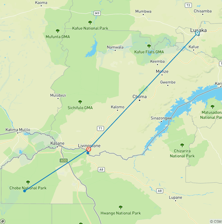 Map of 7 Day Zambia Including Victoria Falls, Chobe Day, Mukuni village And Livingstone City