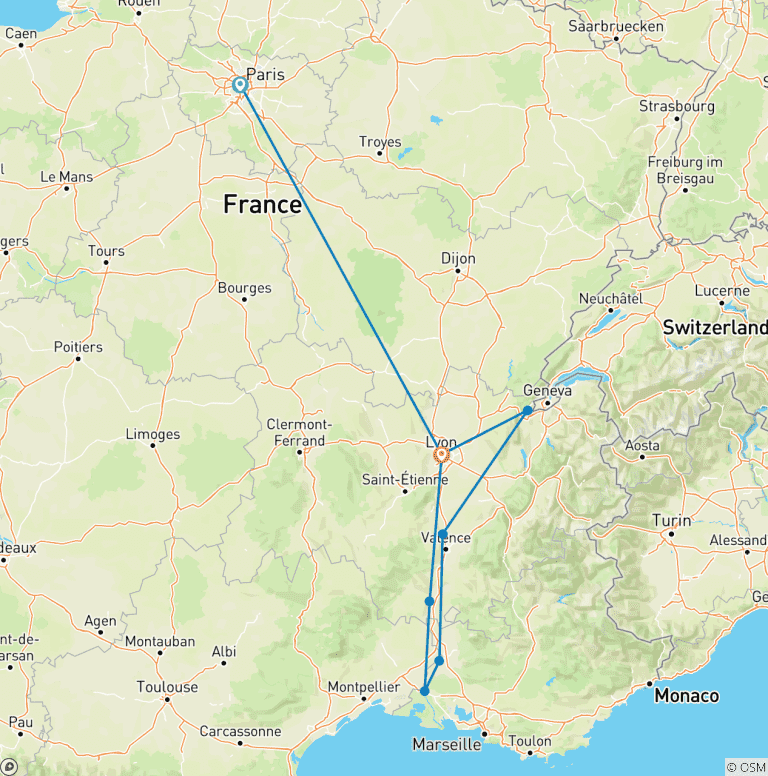 Map of Romantic Rhône with Paris Paris → Lyon (2026)